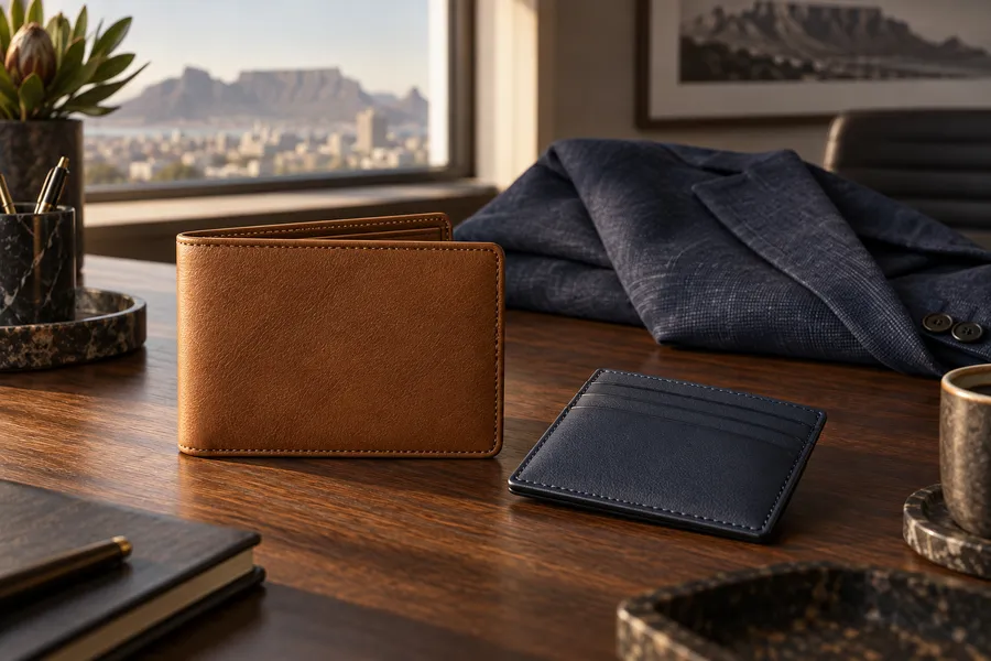 Tan bifold and navy card wallet on a walnut desk